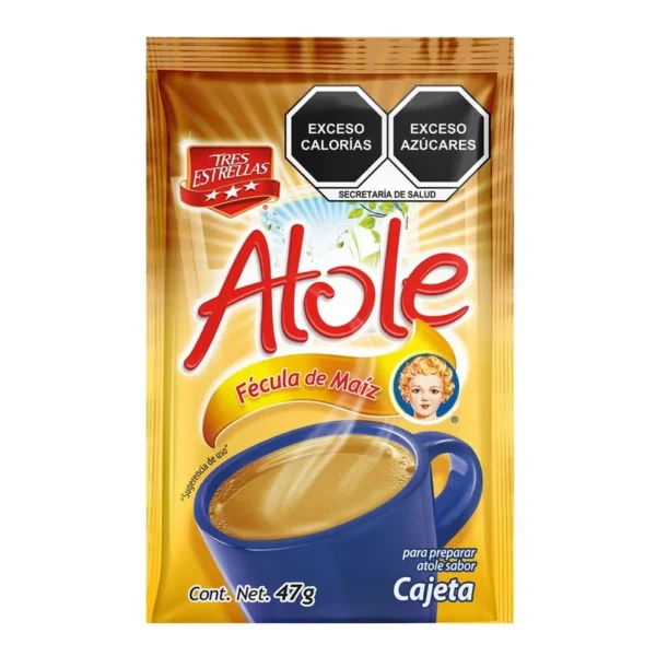 Cornstarch for Atole Tres Estrellas Cajeta Flavor 47g (Fécula de Maíz para Atole Tres Estrellas Sabor Cajeta 47g)