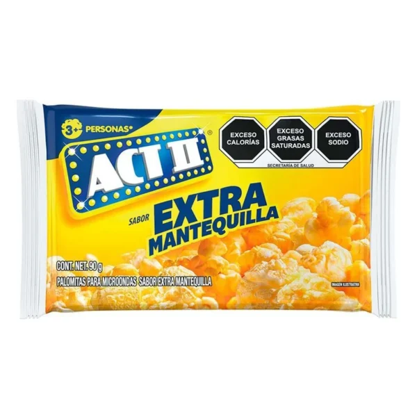 ACT II Microwave Popcorn Extra Butter Flavor 90g (Palomitas ACT II para Microondas Sabor Extra Mantequilla 90g)